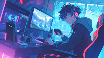 a boy is playing games on the computer, anime style, cute kawaii, simple, smiling happy. neon psychedelic background