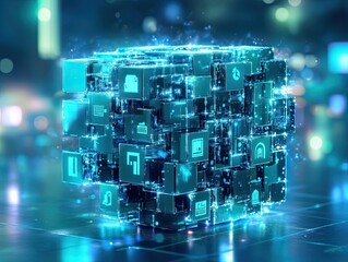 Poster - glowing blue cube constructed of interlocking transparent cubes with symbolic icons