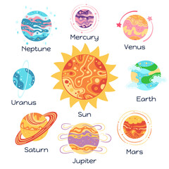 Wall Mural - Solar system planets with names set for children. Abstract astronomical galaxy planets cartoon cosmos. Space spheres planets art Earth Venus Mercury Neptune, Mars, Jupiter and sun vector illustration