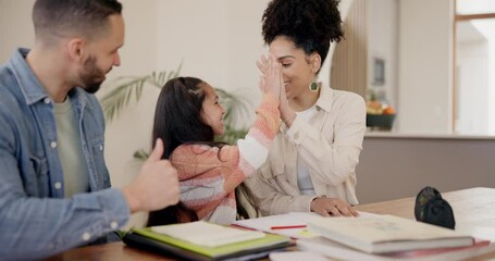 Poster - Parents, daughter and homework with high five, happiness and learning support at dining table of home. Family, man or woman with girl child, smile and education in living room of house or apartment