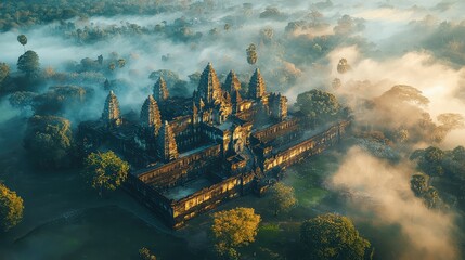 Aerial view of ancient temple complex surrounded by misty landscape