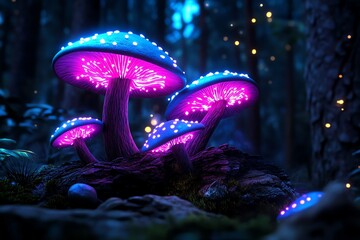 A digital illustration of a magical forest where mushrooms emit a soft, glowing light, guiding the way through the trees at night