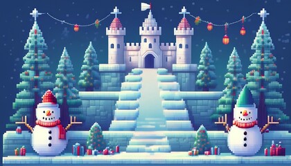 Wall Mural - Pixelated Frozen Castle Level - A 16-bit pixel art design of a winter castle with Christmas trees and snowman. Game design poster. Graphic art 8 bit New Year illustration