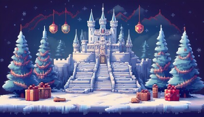 Wall Mural - Pixelated Frozen Castle Level - A 16-bit pixel art design of a winter castle with Christmas trees and snowman. Game design poster. Graphic art 8 bit New Year illustration poster