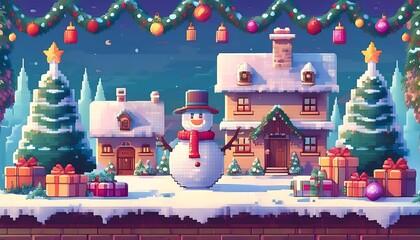 Wall Mural - Pixelated Holiday Village Platformer- A pixel art design of a festive holiday village with Christmas trees, festive houses and snowman. Game design poster. Graphic art 8 bit illustration