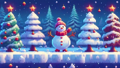 Wall Mural - Pixelated Snowy Winter Wonderland - 16-bit pixel art scene featuring a winter wonderland with Christmas trees and snowman. Game design poster. Graphic art 8 bit illustration poster