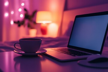 Poster - Cozy Nighttime Setting with Laptop and Coffee