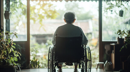 An elderly man in a wheelchair is sitting in a room with a view of a garden