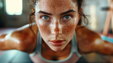 Wall Mural - A dynamic close-up photograph of a woman holding a plank position, her face showing intense focus and determination. The background gym environment