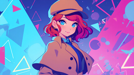 a female detective worker, anime style, cute kawaii, simple, smiling happy, neon psychedelic background