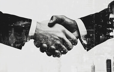 photo of two business man hand shaking office background