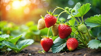 Strawberries growing on a lush green plant, Fresh, ripe, red, harvest, farm, agriculture, organic, healthy, fruity, juicy, garden