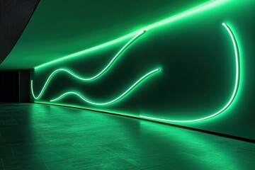 Wall Mural - a long, curved neon light glowing in a green color illuminating the dark room