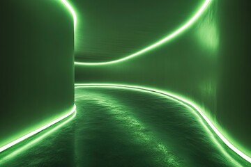 Wall Mural - a long, curved neon light glowing in a green color illuminating the dark room