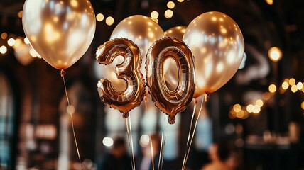 An elegant 30th birthday celebration featuring a bunch of sparkling balloons with bokeh lights in the background, creating a festive and luxurious atmosphere.