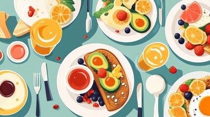 Wall Mural - Bright and Vibrant Flat Design Brunch Scene with Avocado Toast, Mimosas, Pancakes in a Leisurely Setting