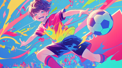 a boy who plays football, anime style, cute kawaii, simple, smiling happy, neon psychedelic background