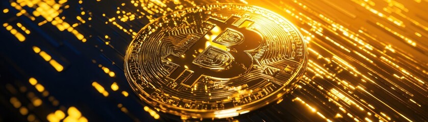 Wall Mural - Close-up of a shiny Bitcoin surrounded by glowing digital elements, symbolizing cryptocurrency and modern finance.