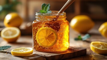 Wall Mural - Honey Lemon Beverage with a Wooden Stirring Stick