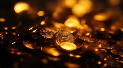 Wall Mural - A close-up view of glowing coins, reflecting a warm light, symbolizing wealth and prosperity in a rich, luxurious setting.