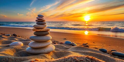 Wall Mural - pile of rocks on a sandy beach as the sun sets , sunset, rocks, beach, sand, nature, coastal, tranqu