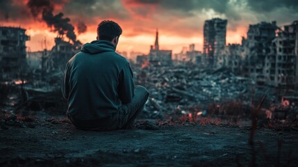 Wall Mural - Man Sitting in the Ruins of a City