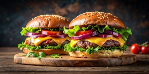 Wall Mural - Mouthwatering beef burgers topped with melted cheese and fresh vegetables, burger, beef, cheese, vegetables, delicious, juicy