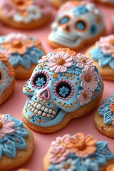 a photo of sugar skull shaped cookies decorated with colorful flowers, dia de los muertos theme, on 