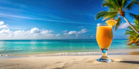 Glass of fresh fruit juice on a paradise beach , paradise, beach, fruit juice, healthy, lifestyle, spring, summer