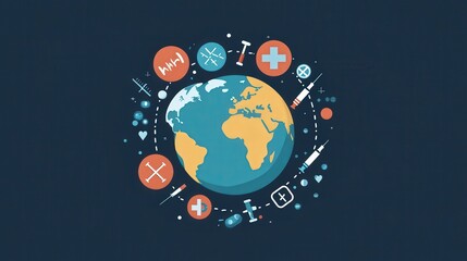 Poster - Global Health Issues and Policies Concept - Flat Design Globe with Vaccines and Medical Cross Symbols