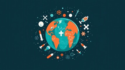 Wall Mural - Global Health Illustration with Vaccines and Medical Crosses - Conceptual Flat Design Representing Pandemics and Health Policies