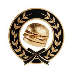 Aufkleber - Winner Award Gold Laurel Wreath Frame with Golden Cartoon Premium Delicious Burger Icon. 3d Rendering