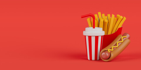 Fast Food Icons Set: Burger, Hotdog and Soft Drink. 3d Rendering