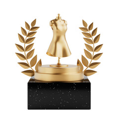 Aufkleber - Winner Award Cube Gold Laurel Wreath Podium, Stage or Pedestal with Golden Classic Womens Dress Mockup and Mannequin . 3d Rendering