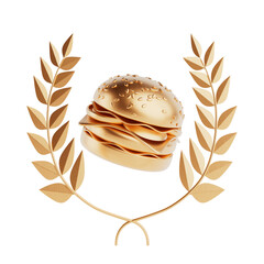 Aufkleber - Winner Award Gold Laurel Wreath Frame with Golden Cartoon Premium Delicious Burger Icon. 3d Rendering