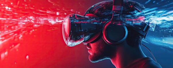 A person wearing a virtual reality headset, immersed in a futuristic digital environment with vibrant colors and motion effects.