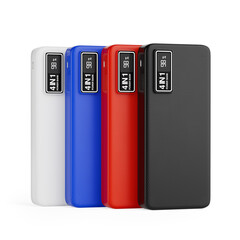 Poster - Colored Mobile Devices Charging Power Banks. 3d Rendering