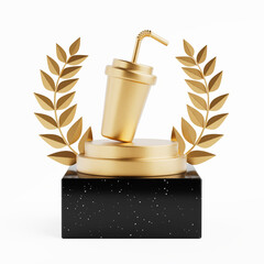 Aufkleber - Winner Award Cube Gold Laurel Wreath Podium, Stage or Pedestal with Golden Soda Soft Drink Striped Cup Cartoon Icon with Straw. 3d Rendering