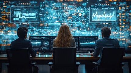 Poster - Team Monitoring Digital Data in High-Tech Environment. Three professionals sit in a modern office environment, focused on analyzing digital data displayed on large high-tech screens.