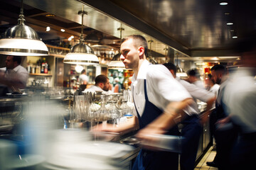 Motion blur of a busy chef working in a bustling restaurant kitchen, capturing the dynamic energy of culinary preparation