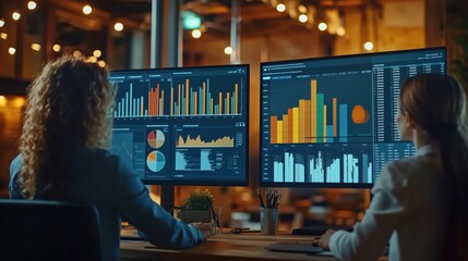 Poster - Businesswomen Analyzing Financial Reports on Monitors. Two businesswomen analyze financial reports on multiple monitors, focusing on charts and graphs in a well-lit, modern office environment.