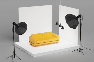 Poster - Yellow Simple Modern Sofa Furniture on a White Photo Background and Softboxes in Studio. 3d Rendering
