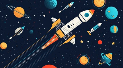 Futuristic Space Exploration Illustration with Rockets, Planets, and Telescopes in Flat Design Style