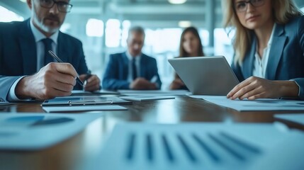 Poster - Business Professionals Reviewing Financial Reports. Group of business professionals in a modern office environment review financial documents, discussing strategies and insights during a meeting.