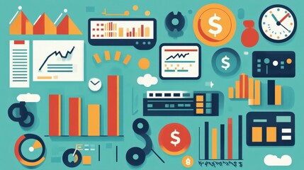 Poster - Financial Literacy Flat Design Illustration - Charts, Investments, and Currency Symbols for Economic Education