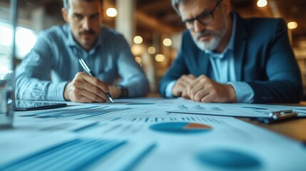 Poster - Businessmen Analyzing Financial Reports Together. Two businessmen review financial charts and graphs at a desk, collaborating on data analysis and strategic planning in an office environment.