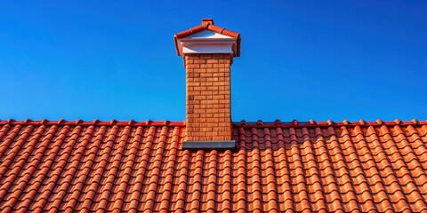 Red roof tiles with a red brick chimney against a blue sky background, home, architecture, building, construction, house, rooftop