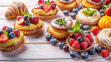 Wall Mural - Fresh pastries with fruits and decorations on a pastel background, pastries, fruits, decorations, pastel, background, bakery