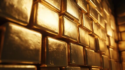 Wall Mural - A close-up view of gleaming gold bars stacked elegantly, showcasing their rich texture and captivating reflections.