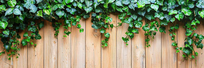 Canvas Print - A wooden wall with green leaves growing on it, generative AI